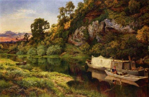 A River Landscape With A Fisherman Making Eel Traps by Benjamin Williams Leader Oil Painting Reproductions