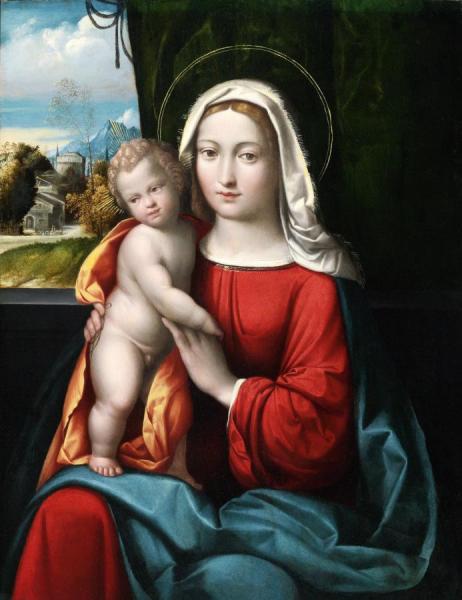 Madonna And Child Before A Curtain, A Mountainous Landscape Beyond by Benvenuto Tisi Oil Painting Reproductions