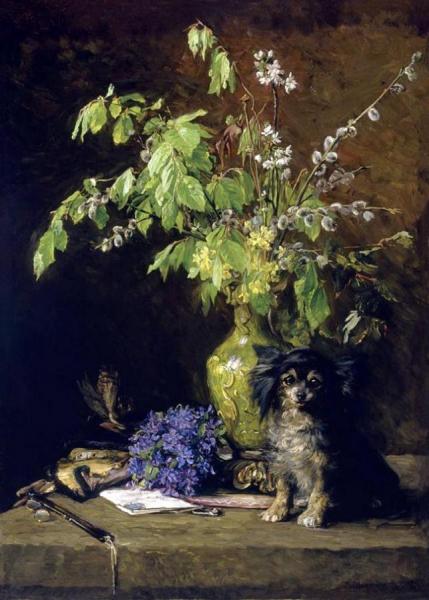 Spring Bouquet With Dog by Bertha Wegmann Oil Painting Reproductions