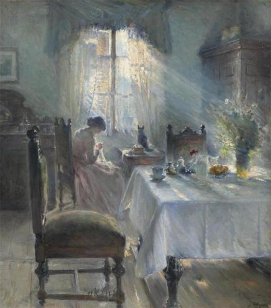 Woman Sewing In An Interior by Bertha Wegmann
