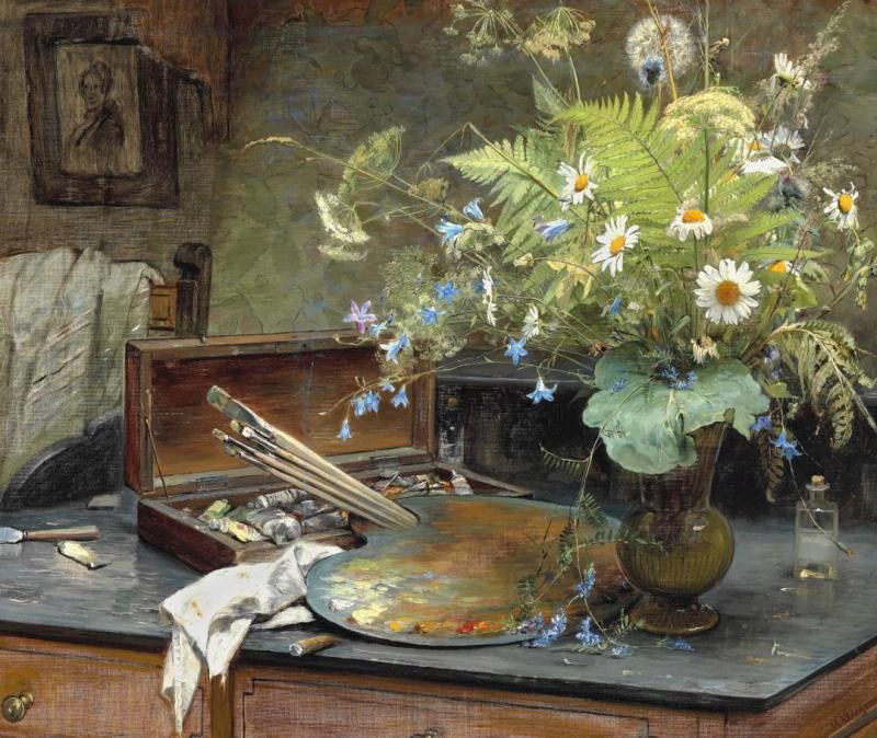 Interior With A Bunch Of Wild Flowers, Ca. 1882 by Bertha Wegmann