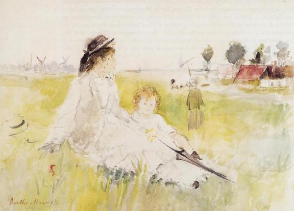 Girl And Child On The Grass by Berthe Morisot