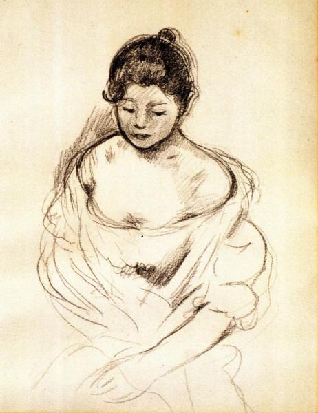 Girl En Face With Nude Shoulders, Seated by Berthe Morisot