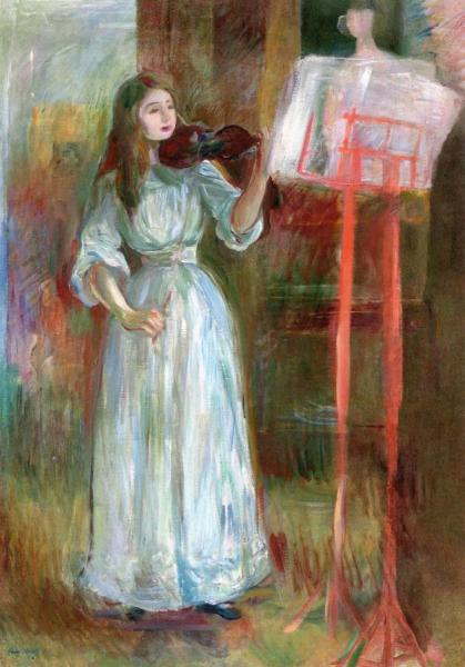 Julie Manet Playing The Violin In A White Dress by Berthe Morisot