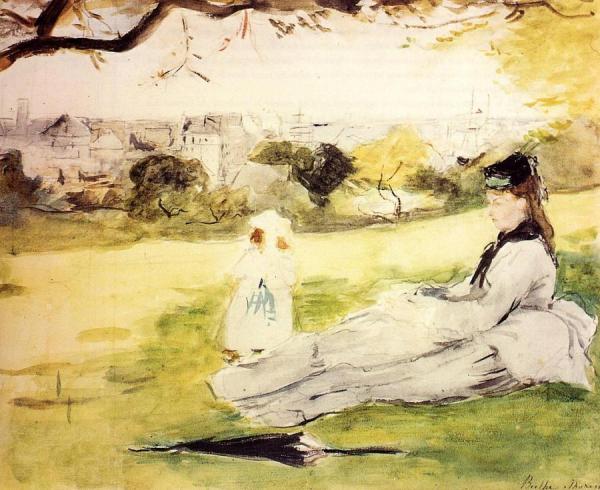 Woman And Child Seated In A Meadow by Berthe Morisot