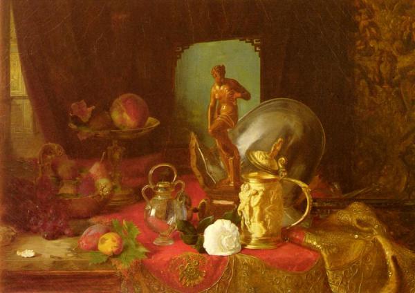 A Still Life With Fruit, Objets D'art And A White Rose On A Table by Blaise Alexandre Desgoffe