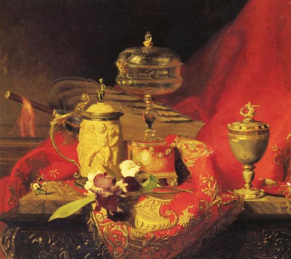 A Still Life With Iris And Urns On A Red Tapestry by Blaise Alexandre Desgoffe