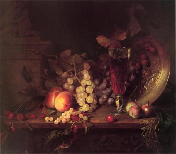 Still Life With Fruit, A Glass Of Wine And A Bronze Vessel On A Ledge by Blaise Alexandre Desgoffe