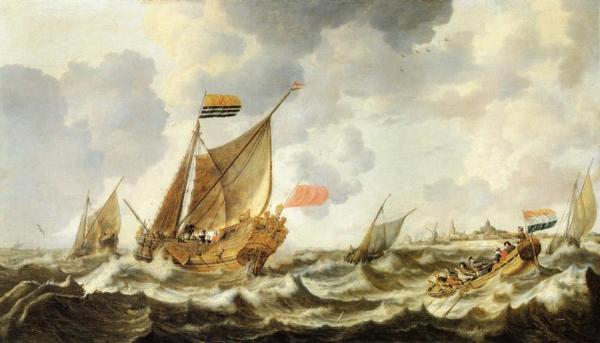 A Rowing Vessel Approaching A Zeeland States Yacht Firing A Salute, In Choppy Seas Off Vlissingen, With Other Shipping Beyond by Bonaventura Peeters