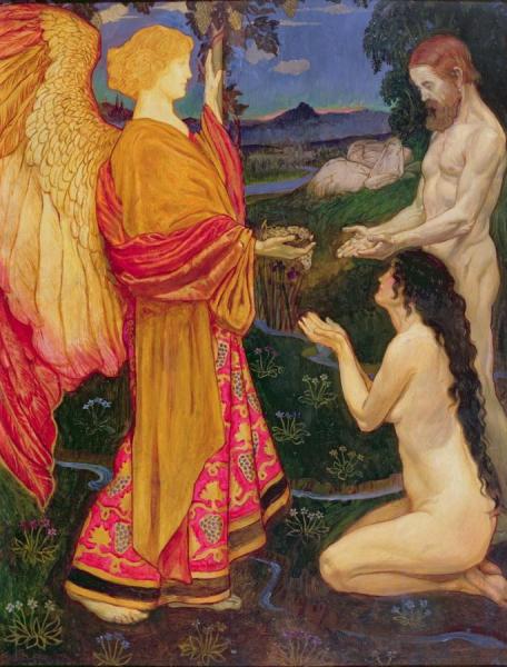 The Angel Offering The Fruits Of The Garden Of Eden To Adam And Eve by Byam Shaw Oil Painting Reproductions