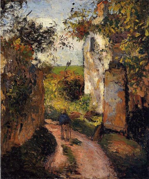 A Peasant In The Lane At L'hermitage, Pontoise by Camille Pissarro