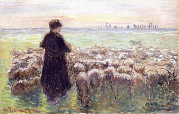 A Shepherd And His Flock Of Sheep by Camille Pissarro Oil Painting Reproductions