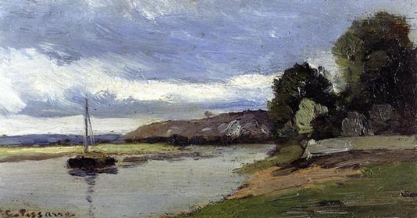 Banks Of A River With Barge by Camille Pissarro
