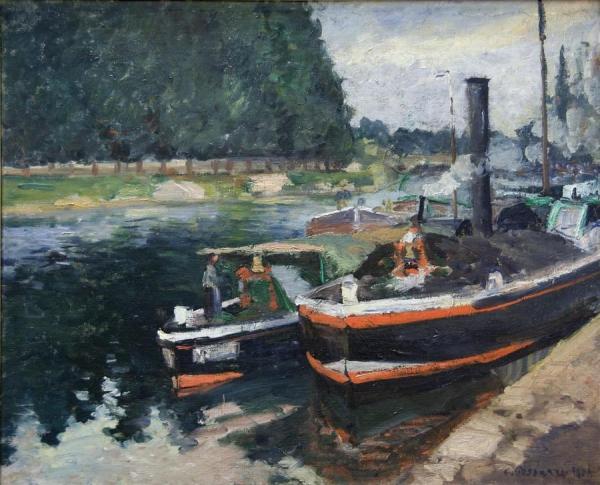 Barges On Pontoise by Camille Pissarro