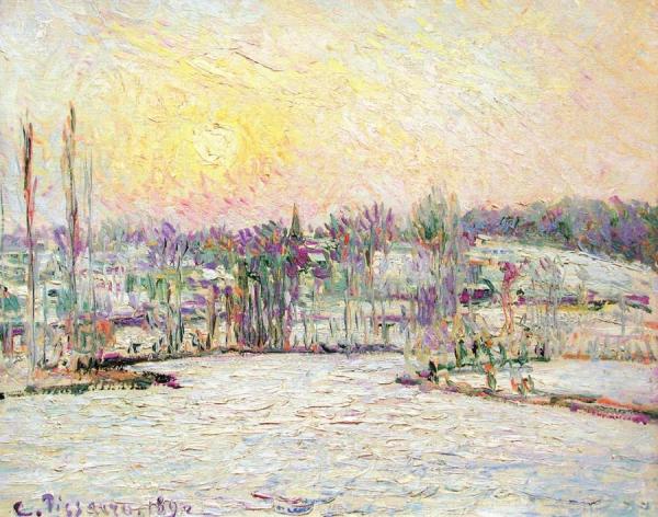 Bazincourt, Sunset, Snow Effect by Camille Pissarro