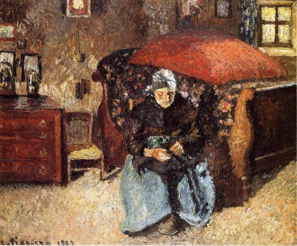 Elderly Woman Mending Old Clothes, Moret by Camille Pissarro