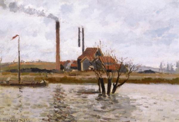 Factory At Saint-ouen-l'aumône, The Oise In Flood by Camille Pissarro