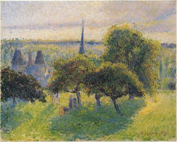 Farm And Steeple At Sunset by Camille Pissarro