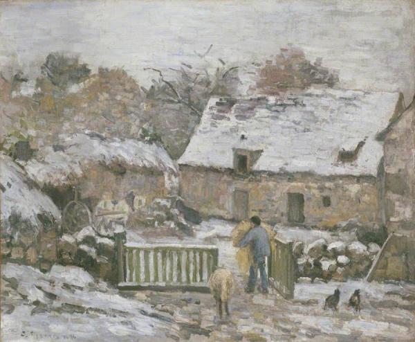 Farm At Montfoucault, Snow Effect by Camille Pissarro