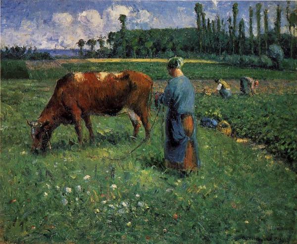 Girl Tending A Cow In A Pasture by Camille Pissarro