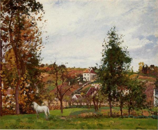 Landscape With A White Horse In A Meadow, L'hermitage by Camille Pissarro
