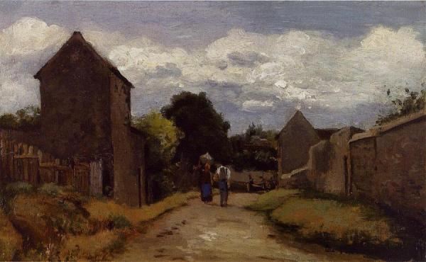 Male And Female Peasants On A Path Crossing The Countryside by Camille Pissarro
