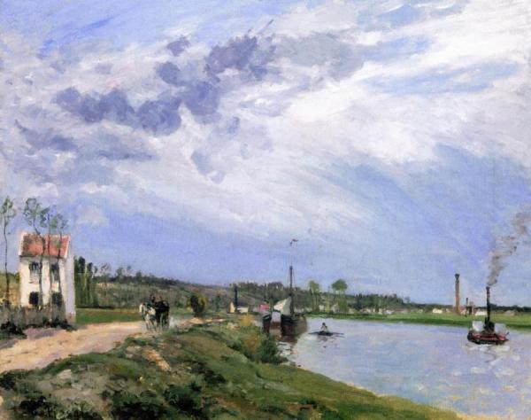 Path By The Oise With Barge, Boat And Tug, Pontoise by Camille Pissarro