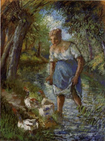 Peasant Crossing A Stream by Camille Pissarro