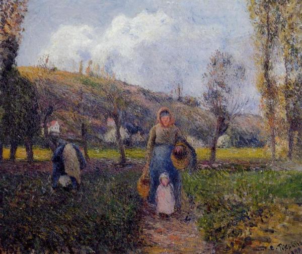 Peasant Woman And Child Harvesting The Fields, Pontoise by Camille Pissarro