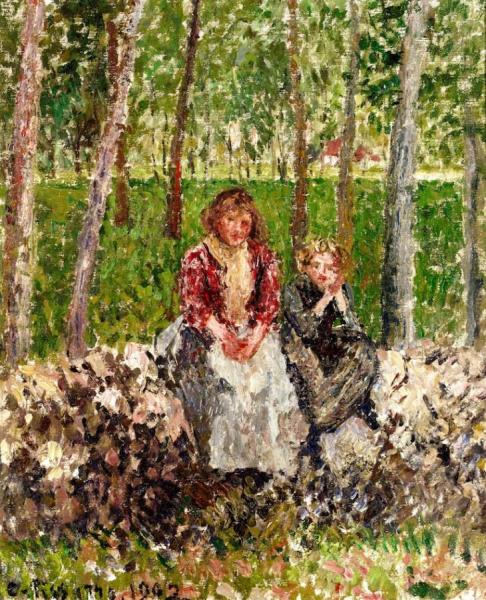 Peasants Beneath Trees At Moret by Camille Pissarro