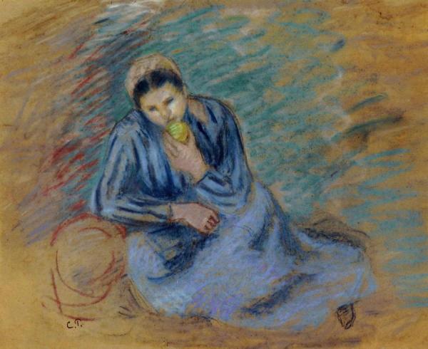 Seated Peasant Woman Crunching An Apple by Camille Pissarro