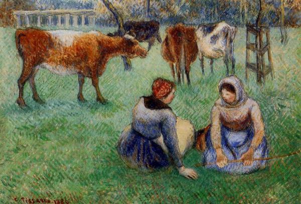 Seated Peasants Watching Cows by Camille Pissarro
