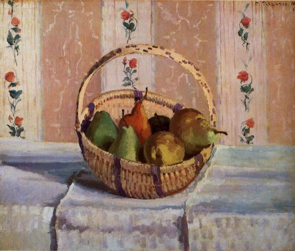 Still Life, Apples And Pears In A Round Basket by Camille Pissarro