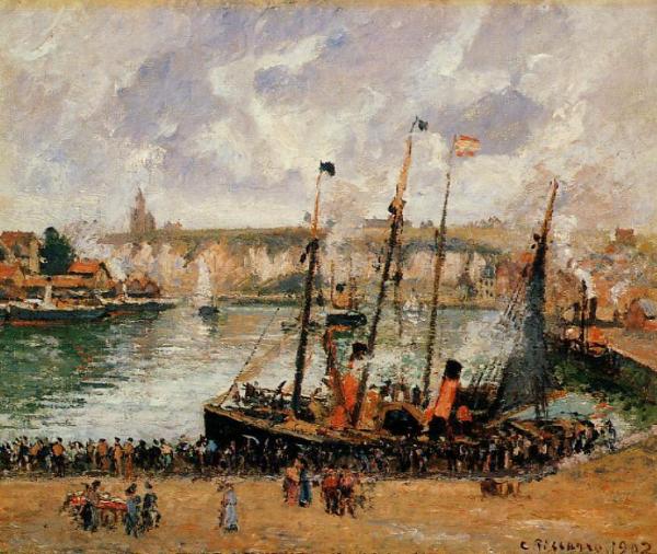 The Inner Harbor, Dieppe: High Tide, Morning, Grey Weather by Camille Pissarro