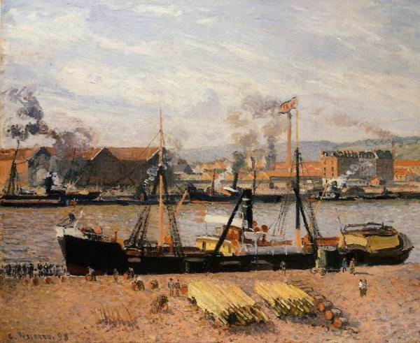 The Port Of Rouen: Unloading Wood by Camille Pissarro