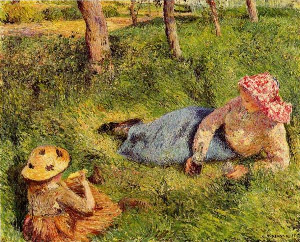 The Snack, Child And Young Peasant At Rest by Camille Pissarro