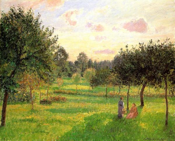 Two Women In A Meadow: Sunset At Eragny by Camille Pissarro Oil Painting Reproductions