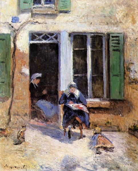 Woman And Child Doing Needlework by Camille Pissarro