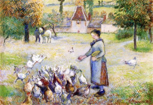 Woman Distributing Grain To The Chickens, Farm In Bazincourt by Camille Pissarro