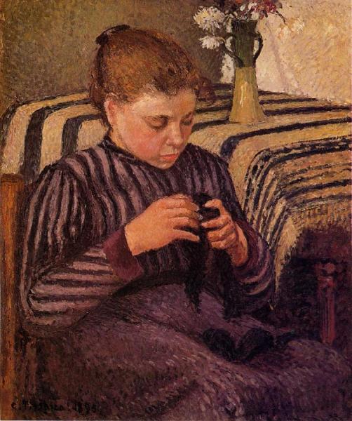 Young Girl Mending Her Stockings by Camille Pissarro