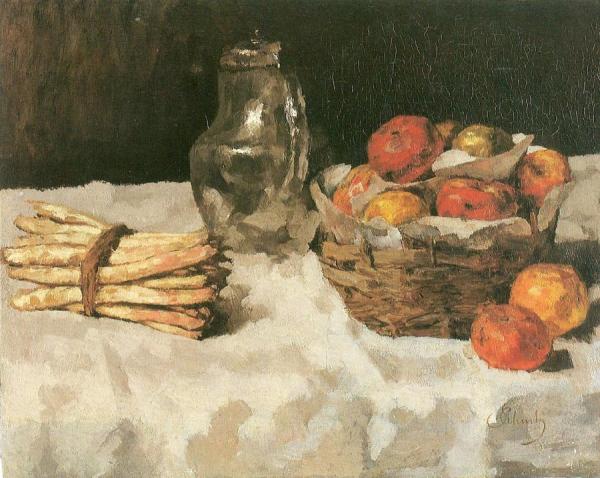 Apples On White: With Baskets, Pewter And Bunch Of Asparagus by Carl Eduard Schuch Oil Painting Reproductions