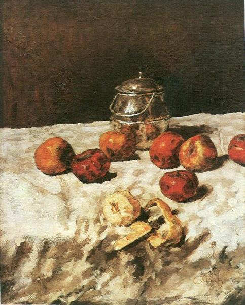 Apples On White With Tin Box, Knife And Peeled Apple by Carl Eduard Schuch