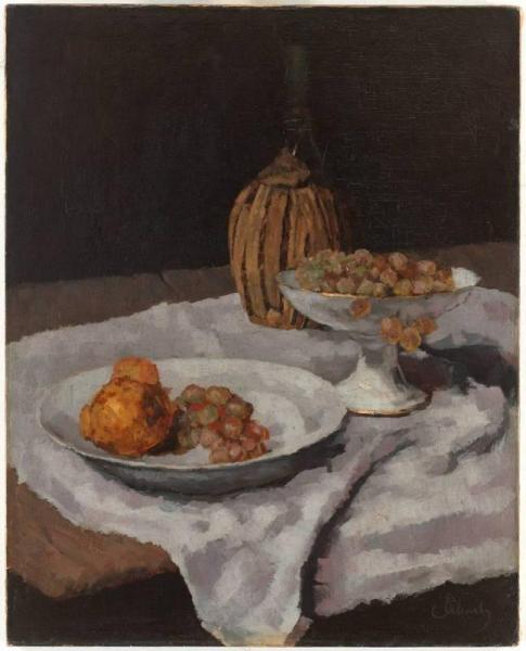 Chianti Bottle, Fruit And Fruit Peel by Carl Eduard Schuch