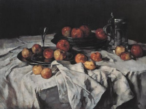 Still Life With Apples, A Pewter Jug And A Wine Glass by Carl Eduard Schuch