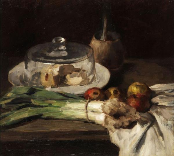 Carl Eduard Schuch Still Life With Leeks, Cheese And Apples
