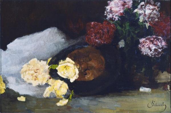 Carl Eduard Schuch Still Life With Tea Roses, Peonies And Opera Hat