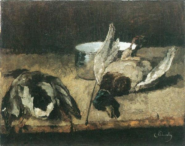 Carl Eduard Schuch Two Wild Ducks With Enamel Pot