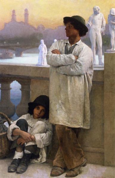 Young Sculptors On A Bridge In Paris, The Old Trocadero In The Distance by Carl Ernst Von Stetten