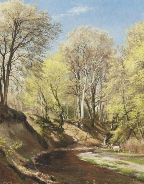 Deer At The Bend Of The River by Carl Frederik Peder Aagaard