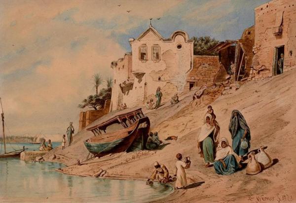 Beni Suef. Women With Children Fetching Water From The Nile by Carl Friedrich Heinrich Werner Oil Painting Reproductions